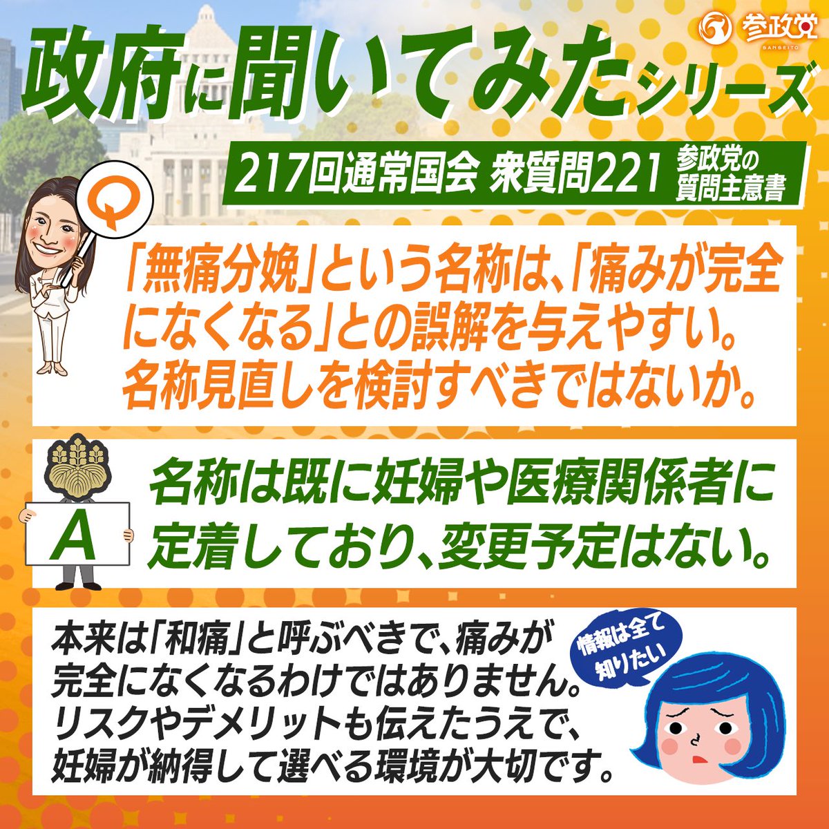 sansei411's tweet image. \ 政府に聞いてみたシリーズ /
質問提出者▶衆議院議員
吉川里奈
Q.「無痛分娩」という名称は、
「痛みが完全になくなる」との誤解を
与えやすい。名称見直しを
検討すべきではないか。
A.政府からの回答は
バナーをご覧ください!
📝 参政党は #質問主意書…