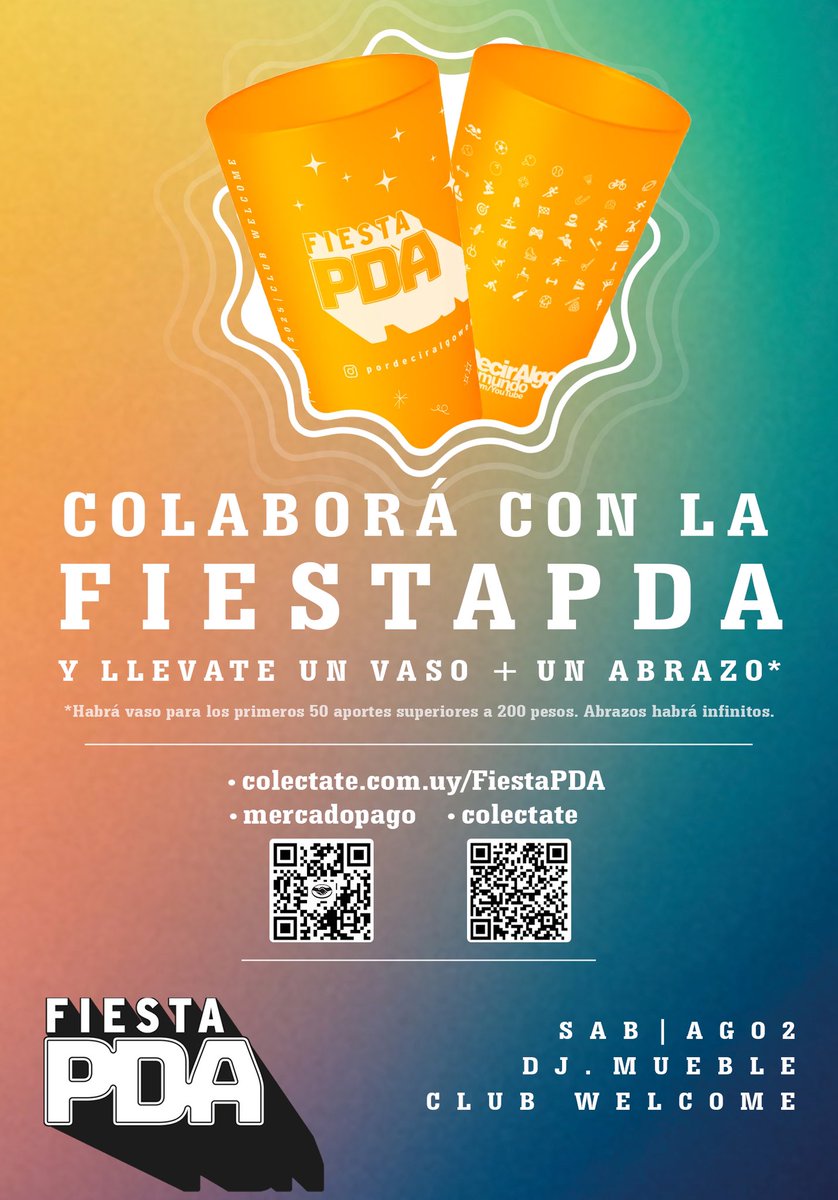 😏 Aló Mangueira!
🚀 Este sábado no, pero el otro… hay fiestonga.
🥤 Entrada libre, pero si te copás te queremos más. Y si estás entre los/las 50 primeros en poner 200 pesos o más te regalamos un vaso y un abrazo.
💰 Acá: link.mercadopago.com.uy/pordeciralgoweb o acá: colectate.com.uy/FiestaPDA