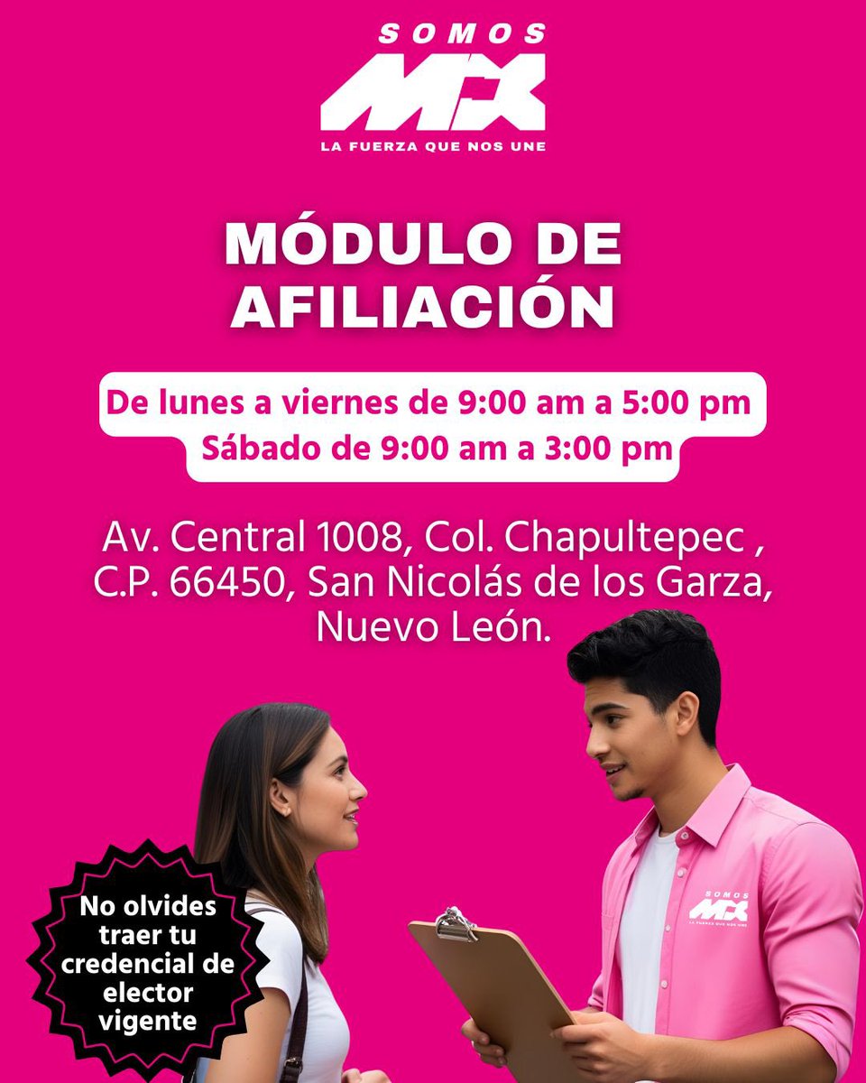 SomosMxMexico's tweet image. 📍¿Quieres afiliarte a #SomosMx ?
Acude de lunes a sábado a nuestro módulo de afiliación. #SomosMx