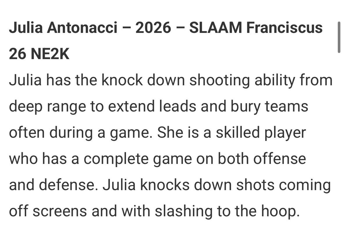 SLAAM 26 Franciscus (@slaamfran26) on Twitter photo Couldn’t agree more about <a href="/JAntonacci_1/">Julia Antonacci</a>’s skill set! She is a COMPLETE player! She can SCORE from three levels, DEFEND 1-5, and REBOUND on both ends of the floor. Not to mention, she is a great leader, teammate, and she knows how to WIN! Any college team that wants a player that Couldn’t agree more about <a href="/JAntonacci_1/">Julia Antonacci</a>’s skill set! She is a COMPLETE player! She can SCORE from three levels, DEFEND 1-5, and REBOUND on both ends of the floor. Not to mention, she is a great leader, teammate, and she knows how to WIN! Any college team that wants a player that