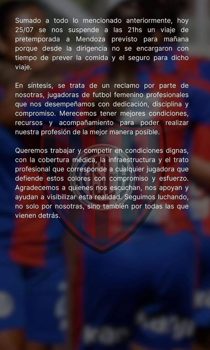 🗣Fuerte reclamo del plantel femenino de #SanLorenzo.
Cabe recordar que que estas jugadoras serán quienes jueguen la COPA LIBERTADORES DE AMÉRICA en Octubre, un poco de respeto🙏