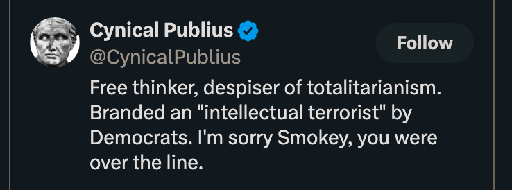Wodenshot's tweet image. As a rightist owl, I love getting blocked by big "right wing" accounts. It's a minor hobby.
This time, a "despiser of totalitarianism" blocked me (first time I engaged with any of his posts) for mildly stating the obvious and repaying his insult in his own coin.
90% of these…