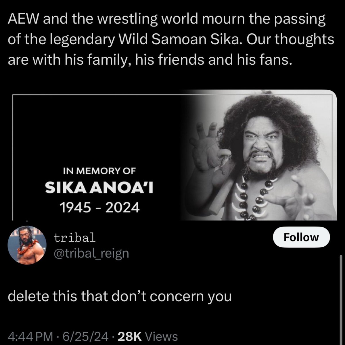 that_bald_bro's tweet image. wouldn’t surprise me if the fans who are upset at AEW/TK for not acknowledging Hulk Hogans passing are the same ones who had a problem when they acknowledged Sika and New Jack 😒
You wanna mourn Terry go right ahead but spare me the performative tribalistic bullshit 😠 #aew #wwe…