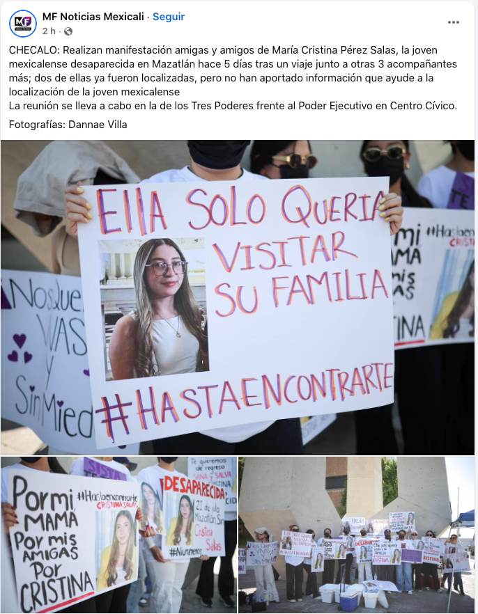 ReporteMxNotic1's tweet image. Realizan manifestación amigas y amigos de María Cristina Pérez Salas, la joven mexicalense desaparecida en Mazatlán hace 5 días tras un viaje junto a otras 3 acompañantes má
#HastaEncontrarla @FiscaliaSinaloa @FGRMexico @SSPCMexico
facebook.com/MendezFierrosN…