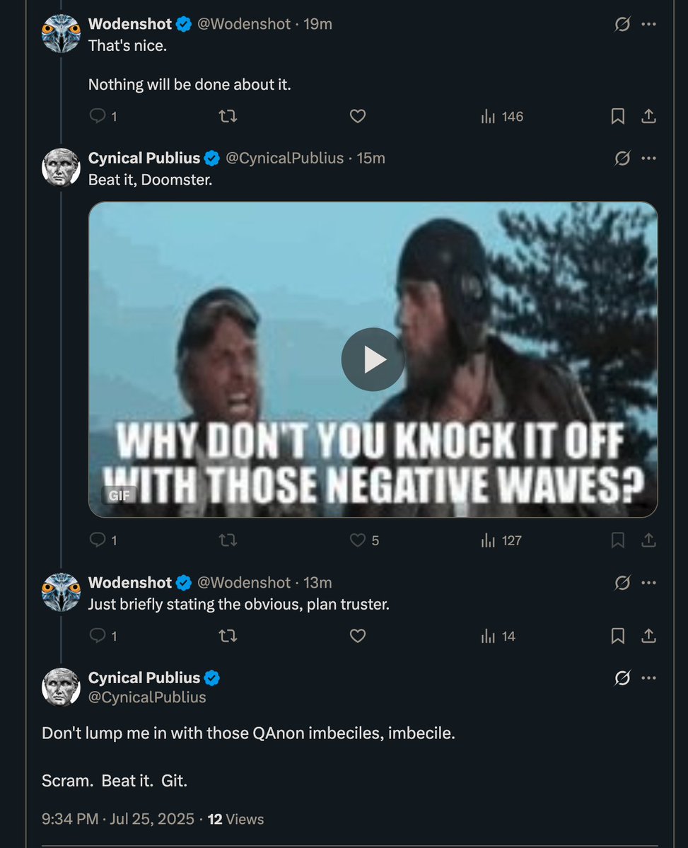 Wodenshot's tweet image. As a rightist owl, I love getting blocked by big "right wing" accounts. It's a minor hobby.
This time, a "despiser of totalitarianism" blocked me (first time I engaged with any of his posts) for mildly stating the obvious and repaying his insult in his own coin.
90% of these…