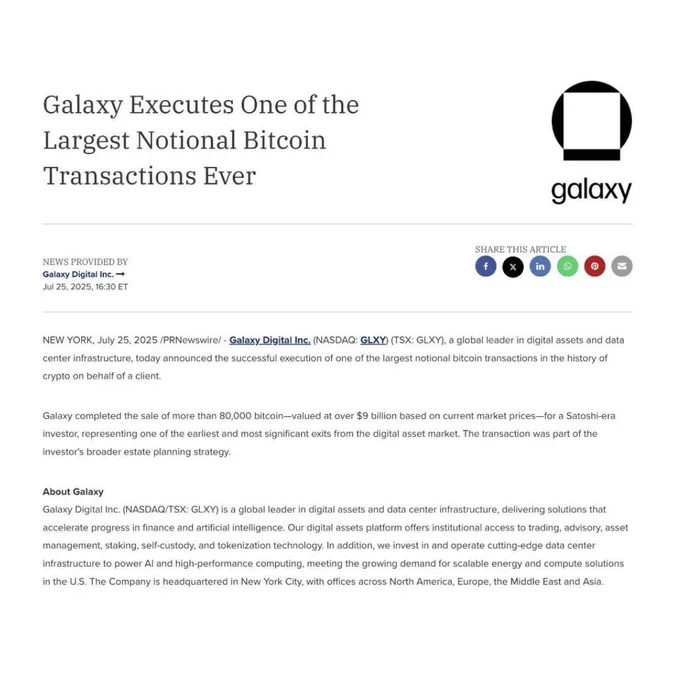 🚨 BREAKING: Galaxy Digital realizza una delle più grandi vendite di Bitcoin: 80.000 BTC per 9 miliardi di dollari.
