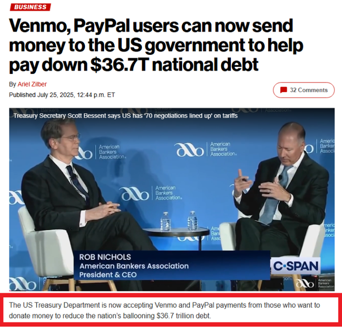 CHARTISKING's tweet photo. BREAKING: You can now Venmo Uncle Sam to help pay off $36.7 trillion debt.

Because nothing says fiscal responsibility like
“Bro, can you spot me a trillion real quick?” 💸💀
#USDebt #CrowdfundTheGovernment #TipsWelcome https://t.co/BKHGJnfXVK