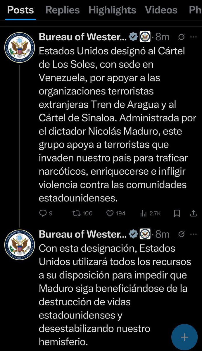 RT
🚨URGENTE🚨
CONFIRMADO☑️

USA🇺🇸DECLARÓ al
CÁRTEL de los SOLES☀️☀️☀️
LIDERADO POR
MADURO
como una
ORGANIZACIÓN TERRORISTA
👇
“Estados Unidos ha designado al Cártel de Los Soles, con sede en Venezuela, por apoyar al Tren de Aragua y al Cártel de Sinaloa, organizaciones