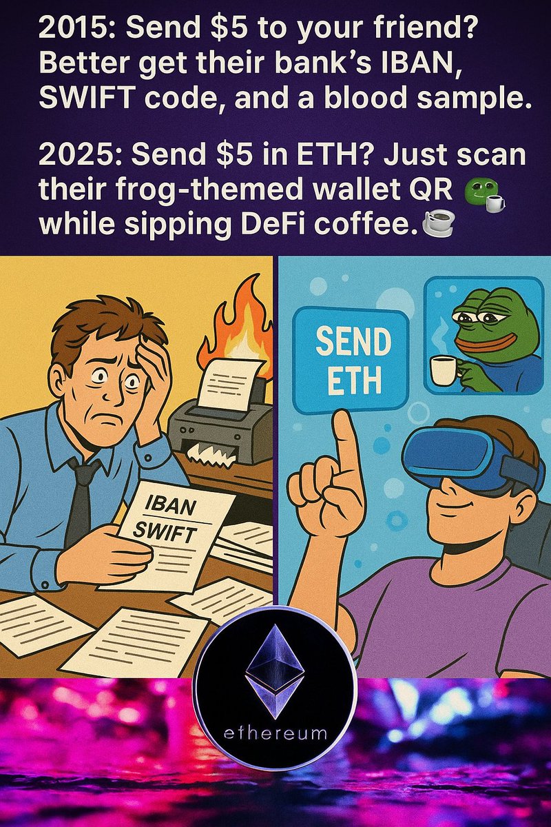 KayyusEx's tweet image. 2015: Financial gymnastics for $5 🤯
2025: One tap, one meme, one ETH 💸🚀&quot;

From paperwork panic to crypto chill. Welcome to the future of finance.
@wavewealth_ is here ✍️❤️🧡❤️
#ETHWaveMeme #Ethereum10 #DeFiHumor #CryptoGlowUp #WaveWealth