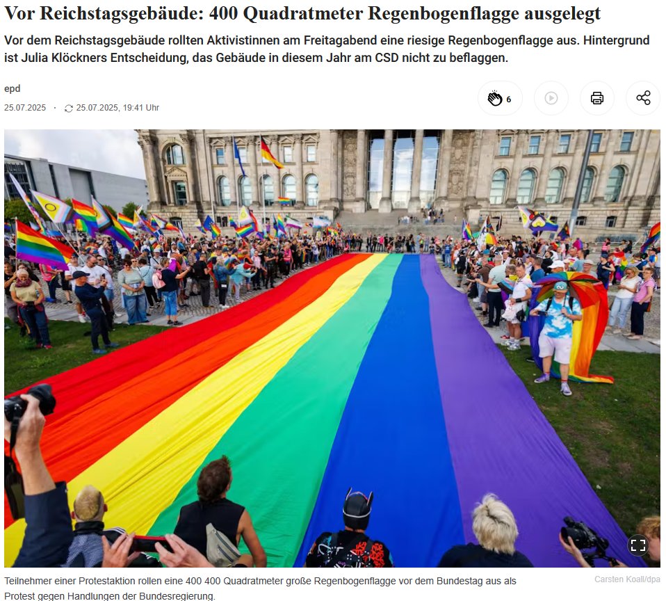 PeterBorbe's tweet image. Der fanatische Kult um die #Regenbogenflagge wird immer extremer: Weil Bundestagspräsidentin Julia Klöckner beschlossen hat, zum Berliner CSD diese Flagge nicht auf dem Bundestag zu hissen, haben jetzt woke Fanatiker eine 400 Quadratmeter große Regenbogenflagge auf der…