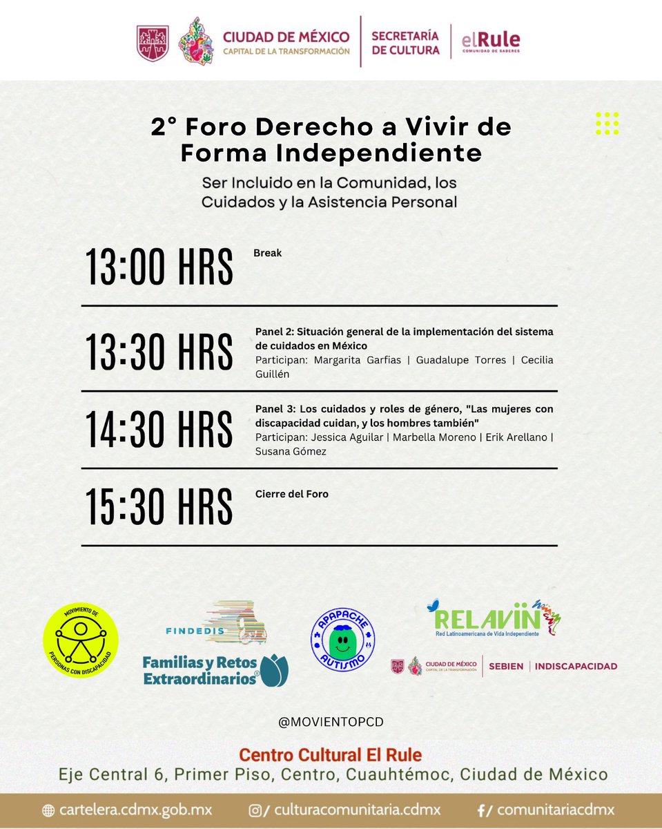 📢 ¡Acompáñanos al 2º Foro "Derecho a Vivir de Forma Independiente!"

 Un espacio de diálogo sobre inclusión, #Cuidados y #AsistenciaPersonal desde el enfoque de derechos.

📍Centro Cultural El Rule
 📅 Sábado 9 de agosto de 2025
⏰ 10:30 hrs

 👥 Presencial y gratuito