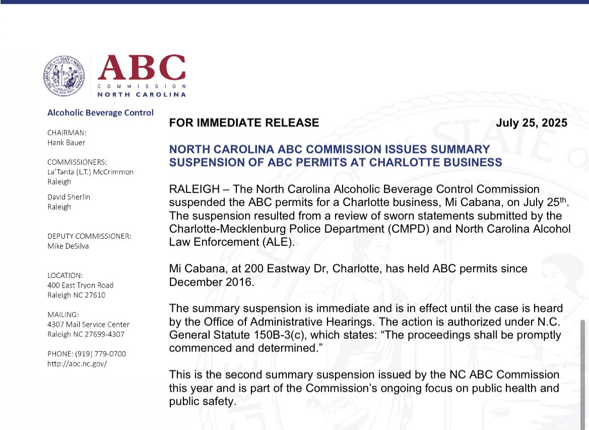 JoeBrunoWSOC9's tweet image. The ABC Commission suspended ABC permits for northeast Charlotte bar Mi Cabana. There is a history of violent crime here. CMPD officers submitted affidavits saying because of the volume of violent criminal activity at the establishment, CMPD officers cannot respond to Mi Cabana…