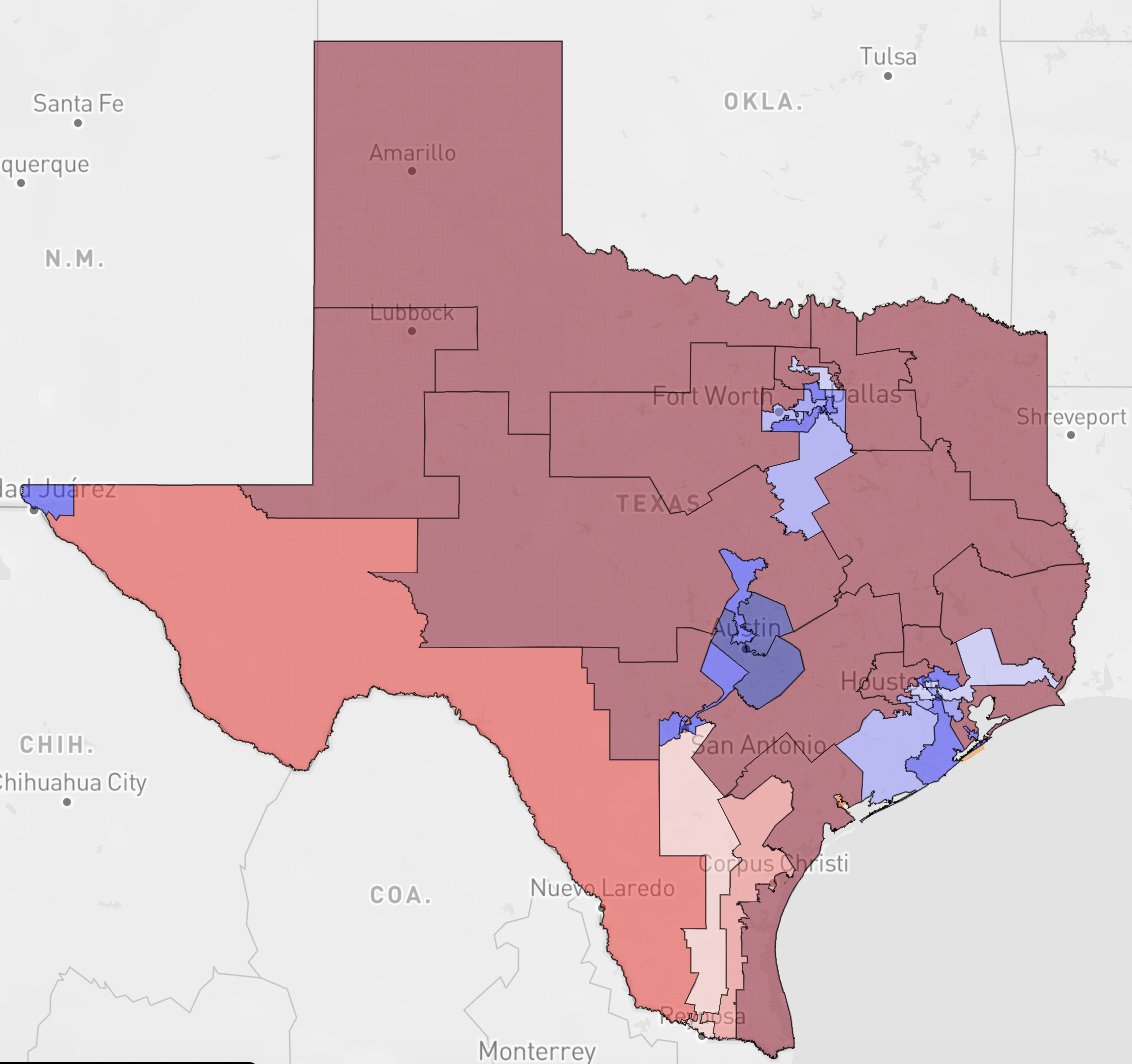 StatisticUrban's tweet photo. You can make a 20D-18R Texas using 2024 data even though Democrats lost the state by 14pts. https://t.co/t8VgMUBouH