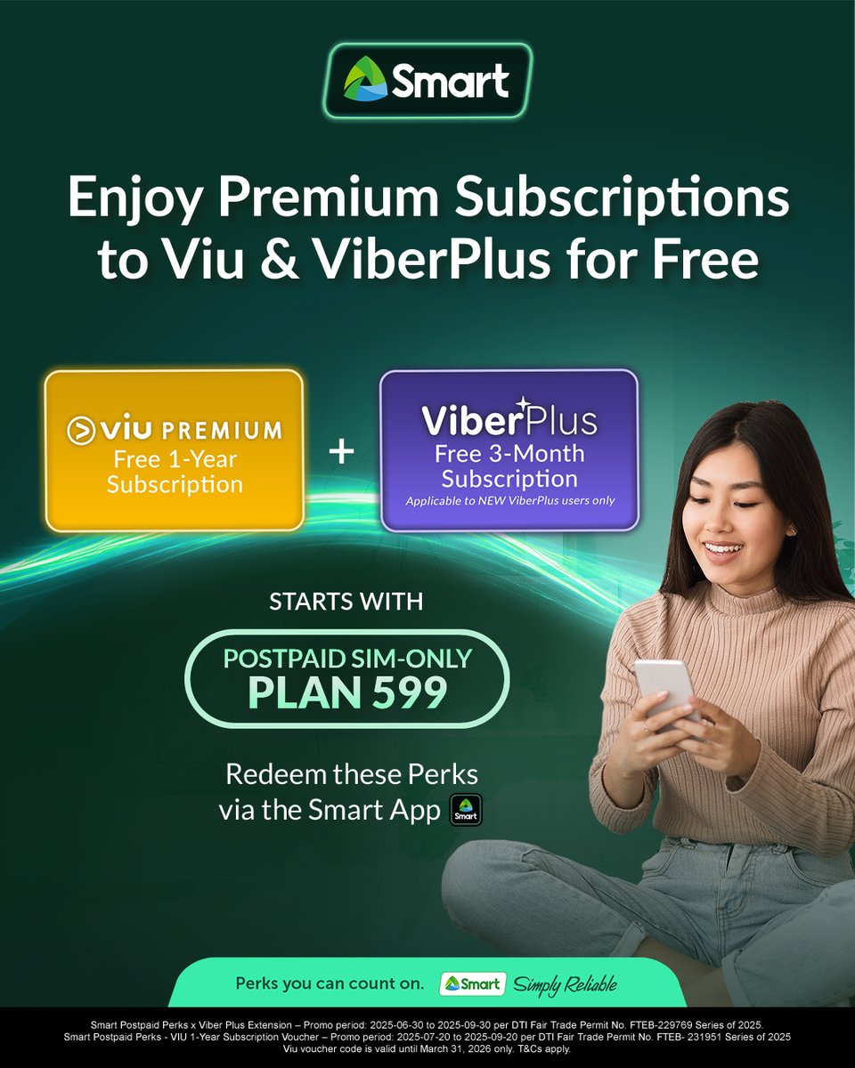 LiveSmart's tweet image. Stream Freely, Connect Seamlessly!
Get the best of both worlds, starting at Smart Postpaid SIM-Only Plan 599! Enjoy 1 year of Viu Premium for non-stop Korean dramas and Asian content, plus 3 months of Viber Plus with access to premium features, exclusively for Smart Postpaid…