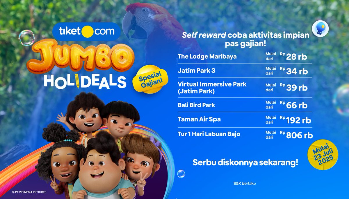 Bahagia tuh sederhana, contohnya bisa cobain aktivitas impian habis gajian~ 😌✨

Apalagi gaji tetap aman, soalnya ada promo tiket.com Jumbo Holideals spesial gajian! 🤑

Serbu diskonnya sekarang! 👇
go.tiket.com/JUMBOHolideals…