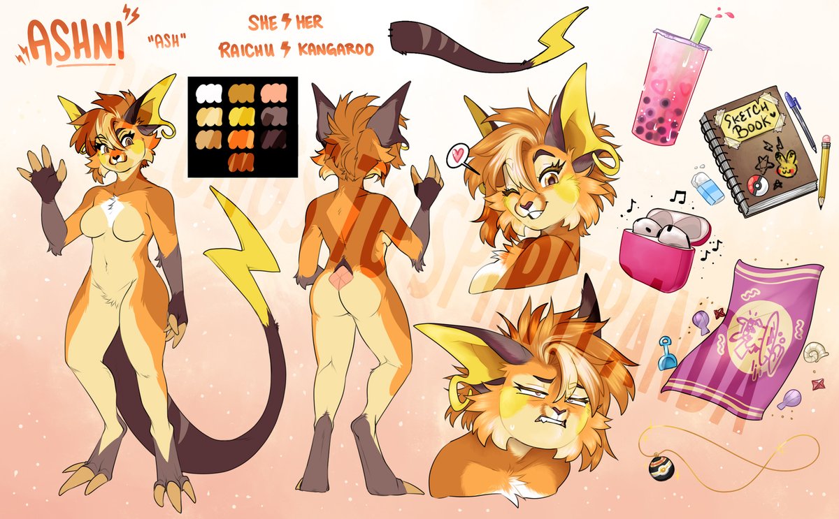 bamboosaber's tweet image. HERE SHE IS!!!
I&apos;d like to introduce you to Ash, my Raichu/kangaroo character! She enjoys taking her sketchbook to the beach to chill in the afternoons. You can usually find her sipping on bubble tea and listening to music. 
Art by the amazing @lalarke!
Design by @dreameleon!