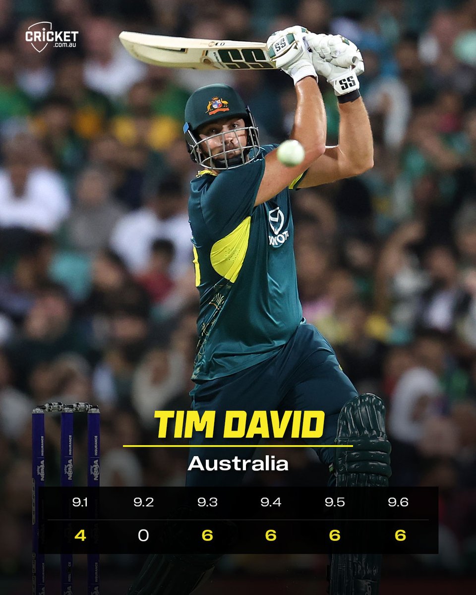 28 runs off the 10th over by Tim David! 

He's got the fastest 50 by an Australian man (16 balls), can he get the fastest 100? #WIvAUS