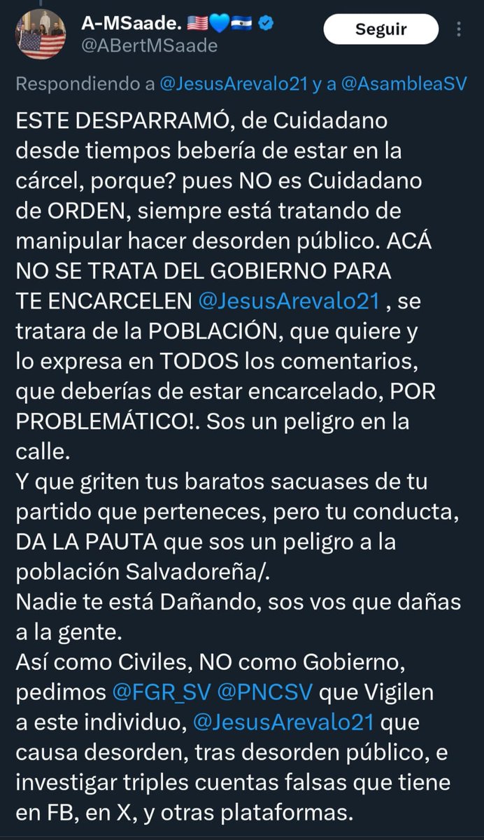 Tener un pensamiento diferente al oficialista es un deporte de alto riesgo, vean las amenazas de estos fanáticos que buscan utilizar la institucionalidad para atacar a quien habla mal del del gobierno dictador que tenemos en El Salvador