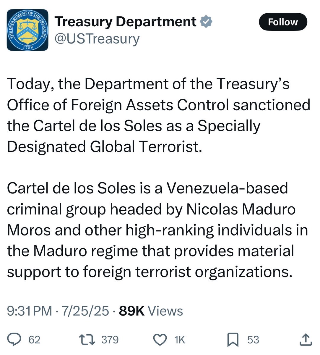 UHN_Plus's tweet image. 🇺🇸🇻🇪‼️ | CONFIRMADO — El Departamento del Tesoro de EE.UU. declaró oficialmente al Cartel de Los Soles como “Grupo Terrorista Global Especialmente Designado”, señalando directamente a Nicolás Maduro y altos funcionarios de su régimen por apoyar organizaciones terroristas…