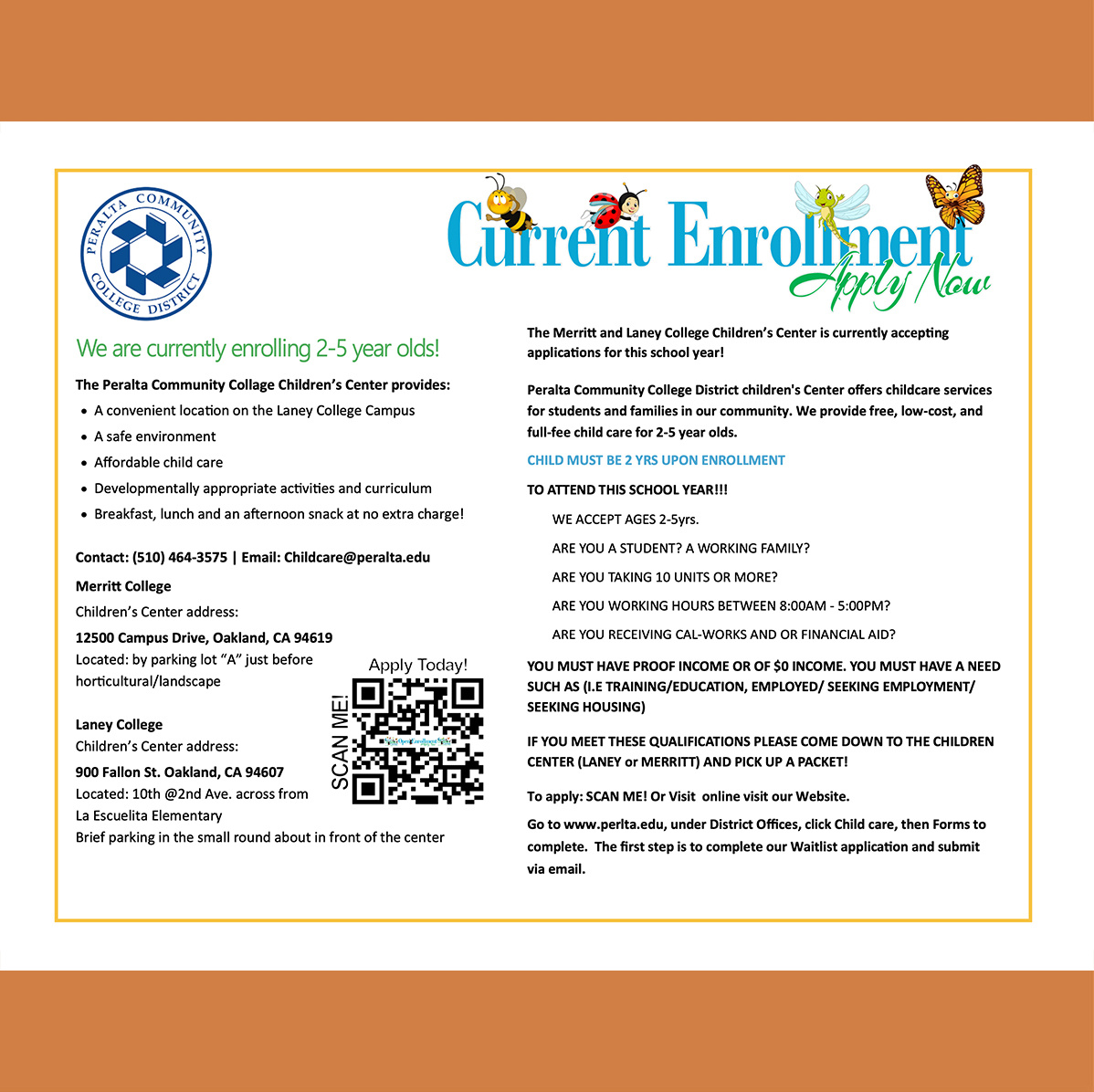 The Peralta Colleges (@peraltacolleges) on Twitter photo 🌟The Peralta Community College District Children's Centers located <a href="/Laney_College/">Laney College</a> & <a href="/MerrittCollege/">Merritt College</a> are RECRUITING & ENROLLING new families with children ages 2 to 5 years👶🏿
➡️The centers provide free, low-cost, and full-fee childcare🧒
👧🏼APPLY TODAY
bit.ly/3Zi2Hl2 🌟The Peralta Community College District Children's Centers located <a href="/Laney_College/">Laney College</a> & <a href="/MerrittCollege/">Merritt College</a> are RECRUITING & ENROLLING new families with children ages 2 to 5 years👶🏿
➡️The centers provide free, low-cost, and full-fee childcare🧒
👧🏼APPLY TODAY
bit.ly/3Zi2Hl2
