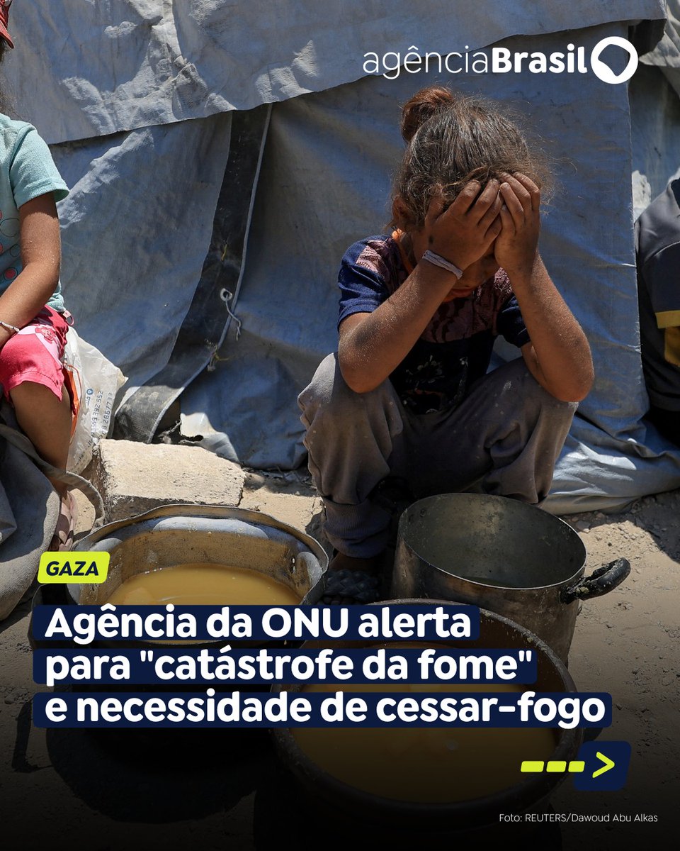 agenciabrasil's tweet image. O Programa Mundial de Alimentos, agência de auxílio alimentar da Organização das Nações Unidas, fez um apelo, nesta sexta-feira (25), afirmando que somente um aumento massivo na ajuda alimentar pode "estabilizar a catástrofe da fome que assola Gaza".
