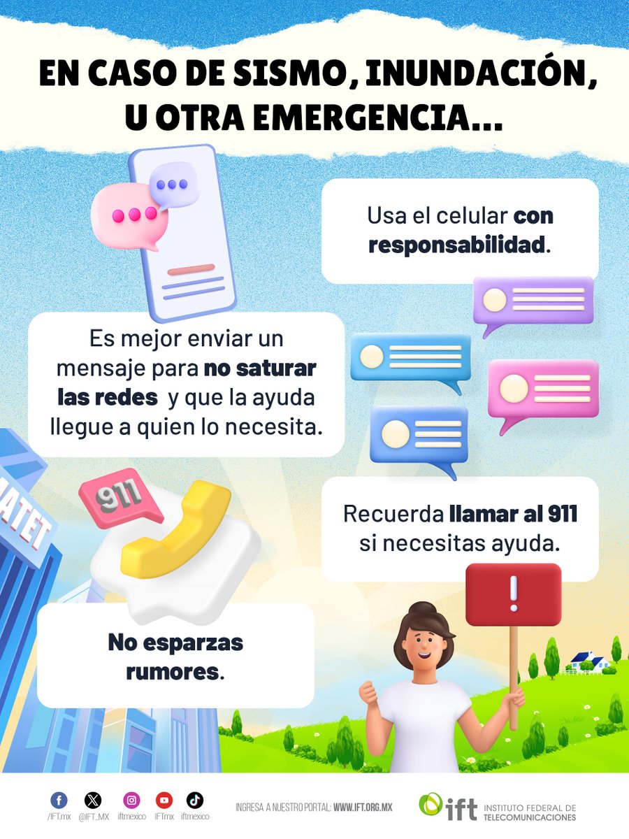 IFT_MX's tweet image. ¡Recuerda!📢
❌ No esparcir rumores
🗨️ Procurar enviar mensajes cortos
📸 Y no saturar las redes de #Telecom con fotos, audios o videos...
Permitirá que la ayuda llegue a quien la necesita durante y después de una #Emergencia🦺
¡Aprendamos a usar las #Telecom!