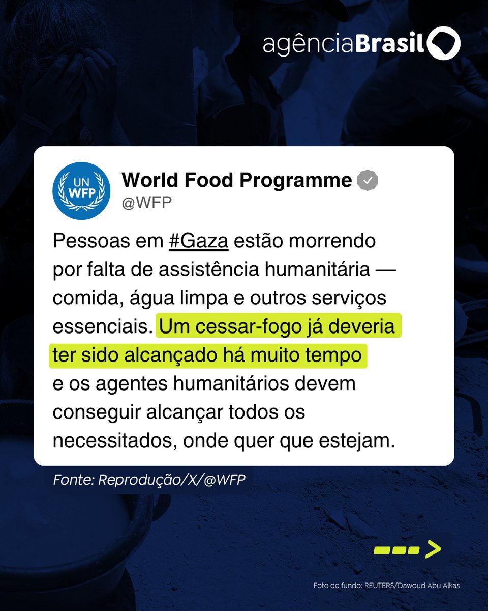 agenciabrasil's tweet image. O Programa Mundial de Alimentos, agência de auxílio alimentar da Organização das Nações Unidas, fez um apelo, nesta sexta-feira (25), afirmando que somente um aumento massivo na ajuda alimentar pode "estabilizar a catástrofe da fome que assola Gaza".