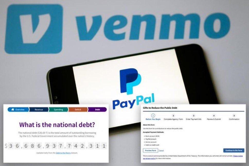 CoinCrazeCen's tweet image. You can now Venmo the U.S. Treasury to help pay down the $36.7 trillion national debt. Yes, really.

It’s symbolic. It’s cute. It’s also irrelevant.

The entire “Gifts to Reduce the Public Debt” program has raised just $67M since 1996 — that’s about 1.5 seconds of interest on