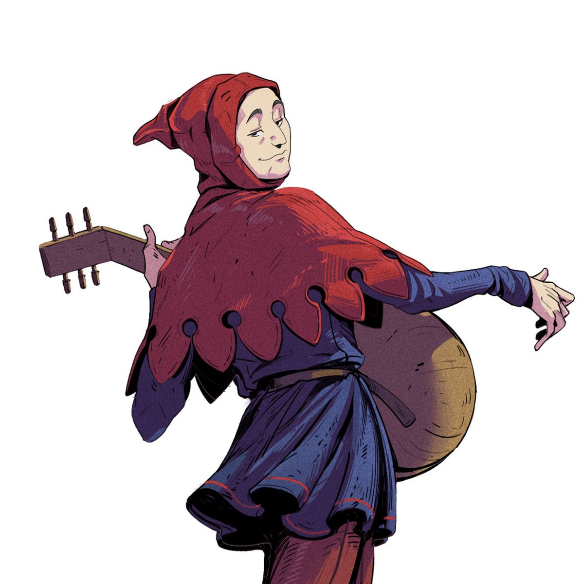 JessiOchse's tweet image. Some mysterious bard nonsense. He&apos;s supposed to look a lot like those smooth egg head people you find in tapestries haha. #characterdesign #art #bards