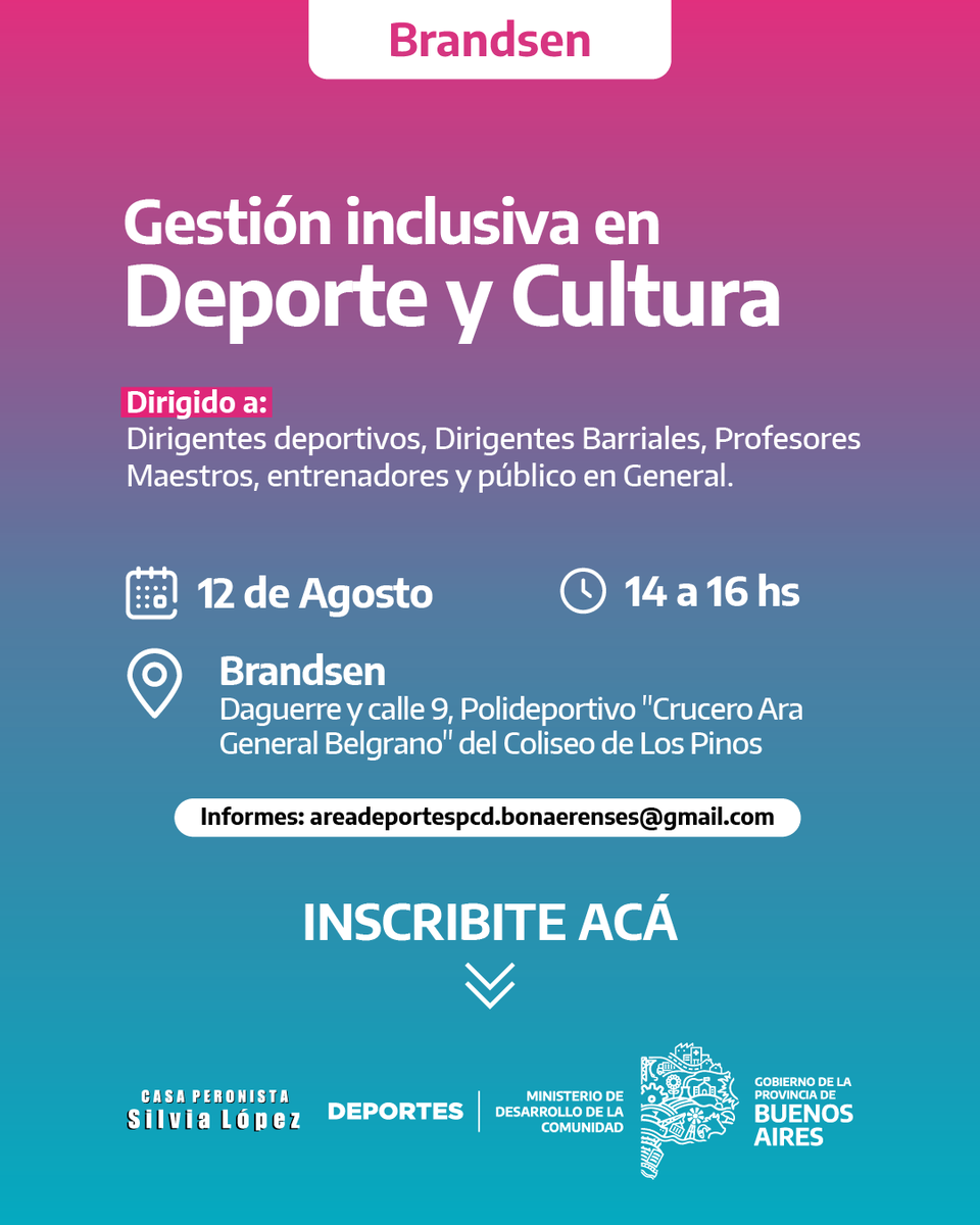 💪 El 12/8 no te pierdas la capacitación sobre gestión inclusiva en Deporte y Cultura, Discapacidad con perspectiva de Derechos Humanos en #Brandsen de 14 a 16 hs 

📝 Anotate en areadeportespcd.bonaerenses@gmail.com