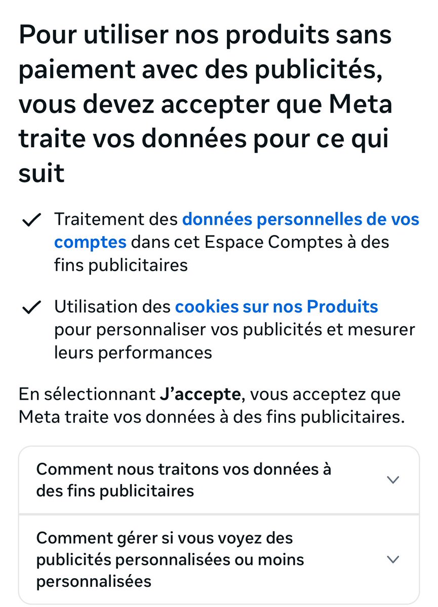 😔 Si vous n’avez pas compris je vous explique: 

En d’autres termes, <a href="/Meta/">Meta</a> vous dit tout simplement : « soit je prend ton fric de force pour que vous ne soyez pas infestés de publicités durant votre navigation dans mon réseau, soit j’utilise vos données personnelles, je les