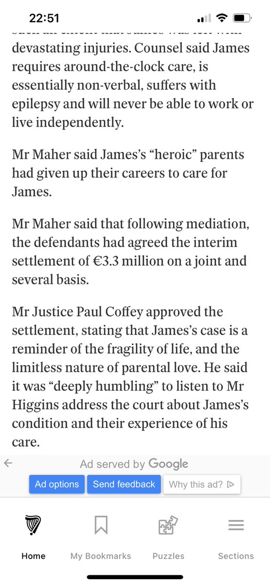 CMHaughey's tweet image. #HighCourt
@Independent_ie
Interim Payment for 12 year old boy “jointly” against Dublin City Council and General Practitioner.
Case will return to Court in 6 years time.