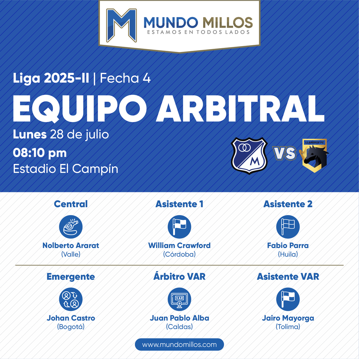 MundoMillos's tweet image. #ÁRBITRO Nolberto Ararat será el encargado de pitar el partido entre Millonarios y Llaneros del próximo lunes por la cuarta fecha del todos contra todos del Finalización. Este será el partido oficial número 13 de Millos con su silbato.
Detalles:
mundomillos.com/noticias/nolbe…