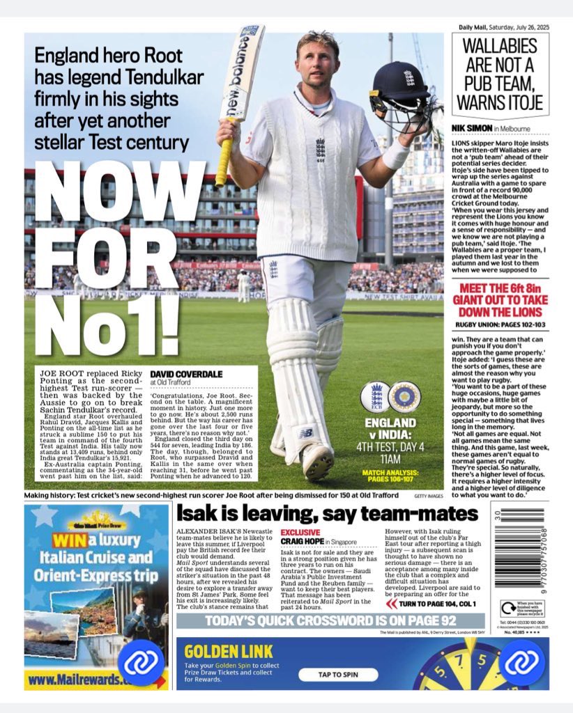 David Coverdale (@dpcoverdale) on Twitter photo 🗞️ <a href="/MailSport/">Mail Sport</a> back page. A privilege to witness Joe Root make more history at Old Trafford today.
#TomorrowsPapersToday 🗞️ <a href="/MailSport/">Mail Sport</a> back page. A privilege to witness Joe Root make more history at Old Trafford today.
#TomorrowsPapersToday