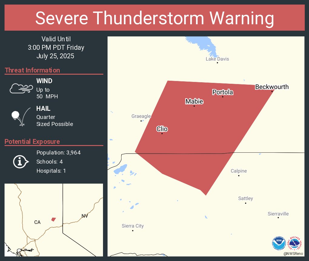 NWSReno's tweet image. Severe Thunderstorm Warning continues for Portola CA, Delleker CA and Beckwourth CA until 3:00 PM PDT