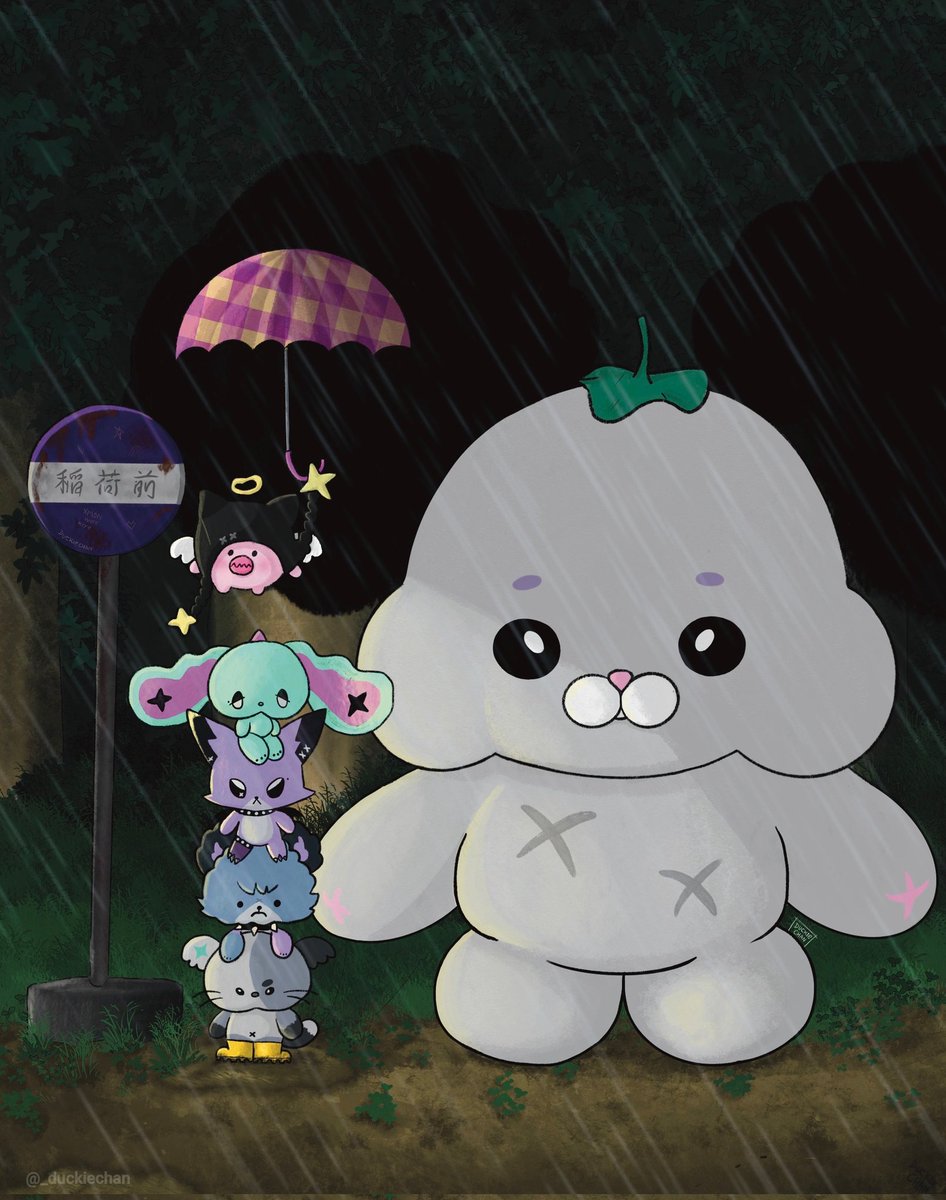 Nyang told them to wear their rain boots, but obvs, no one listened...

I plan to draw Xmons in more Totoro scenes 🥹

Nyangduu's chunkiness fits more with Totoro, but I had to make the leader the big protector 💖

#xdinaryheroes #xmon #xdinarymonsters #fanart
