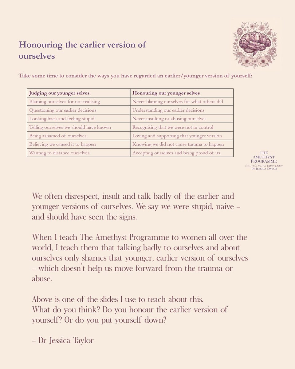 DrJessTaylor's tweet image. We often disrespect, insult and talk badly of the earlier and younger versions of ourselves. We say we were stupid, naive - and should have seen the signs.
When I teach The Amethyst Programme to women all over the world, I teach them that talking badly to ourselves and about…