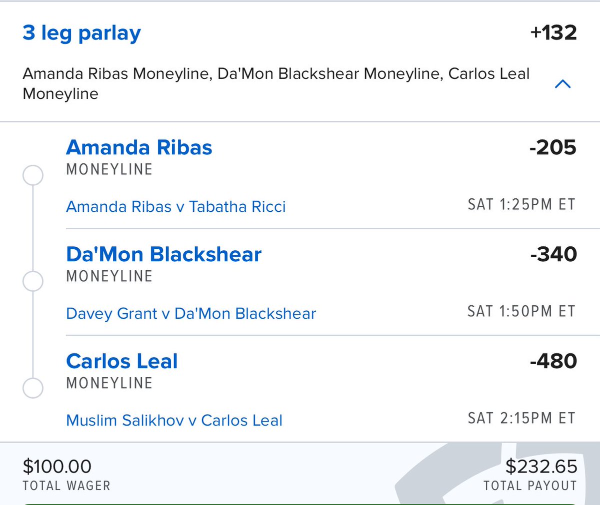 talkbets101's tweet image. UFC Saturday July 26th 🔒
🔹 Martin Buday ML +245 — $75 to win $258.75
🔹 Buday by Points +720 (Boosted) — $25 to win $205.00
🔹 Bogdan Guskov by KO +270 — $150 to win $555.00
🔹 Ribas, Blackshear, Leal Parlay +132 — $100 to win $232.65
🔹 Almabayev ML + Yan by Points Parlay…