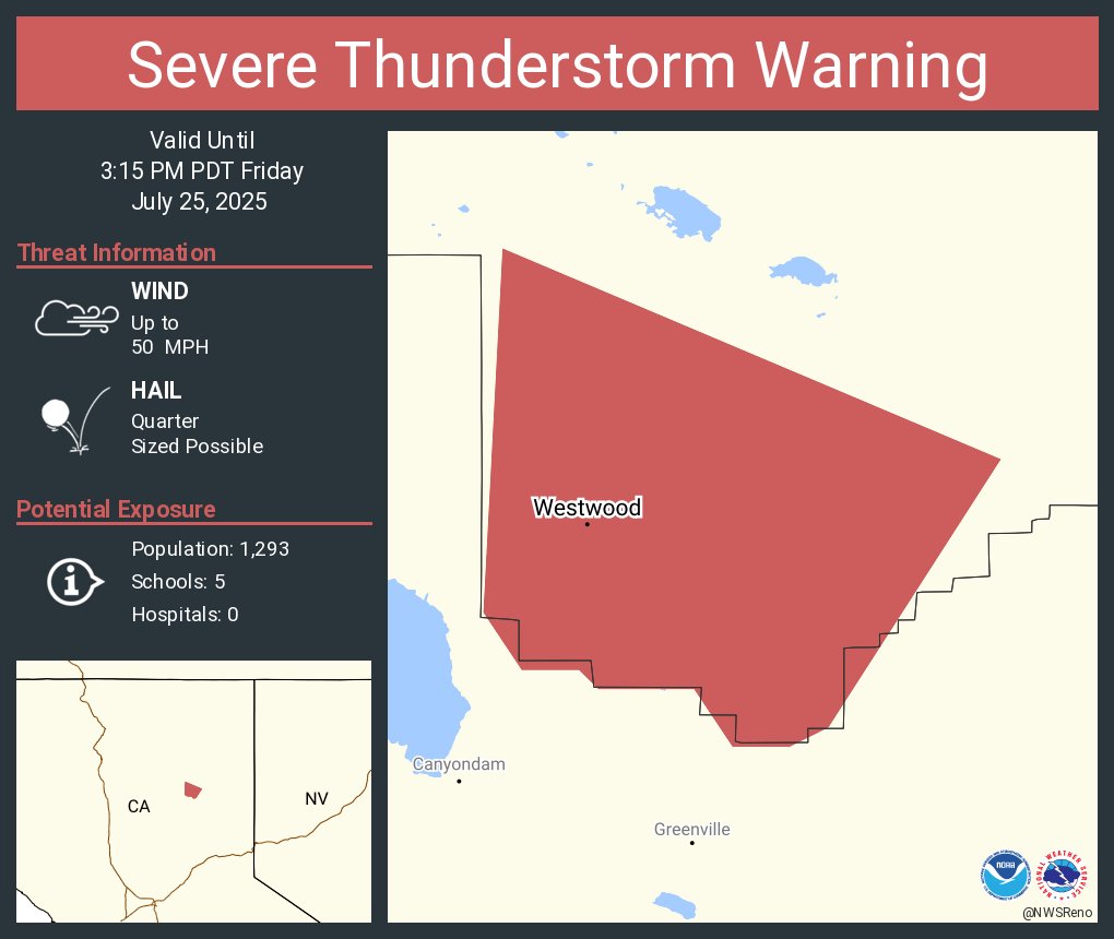 NWSReno's tweet image. Severe Thunderstorm Warning including Westwood CA and Clear Creek CA until 3:15 PM PDT
