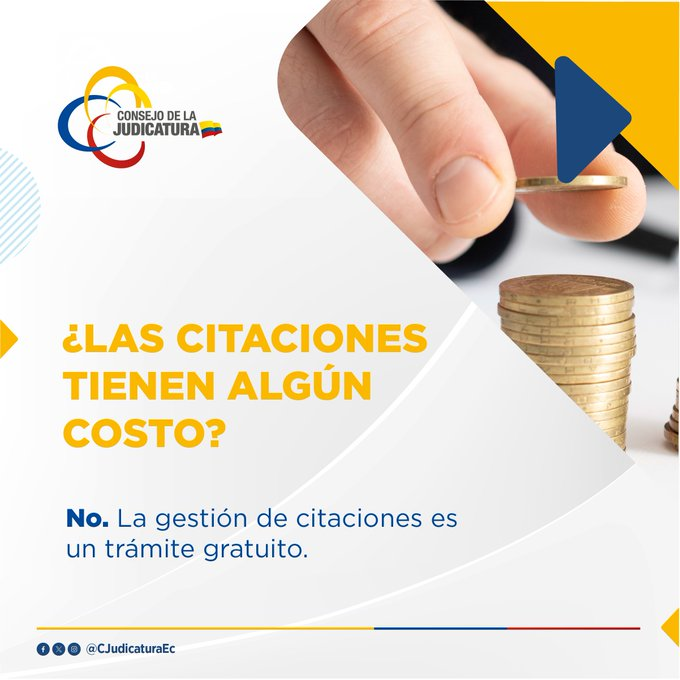 💬 Recuerda que las citaciones 📄se realizan de forma gratuita, y los usuarios 👥 del sistema judicial deberán denunciar cualquier tipo de cobro 💲efectuado por este concepto.