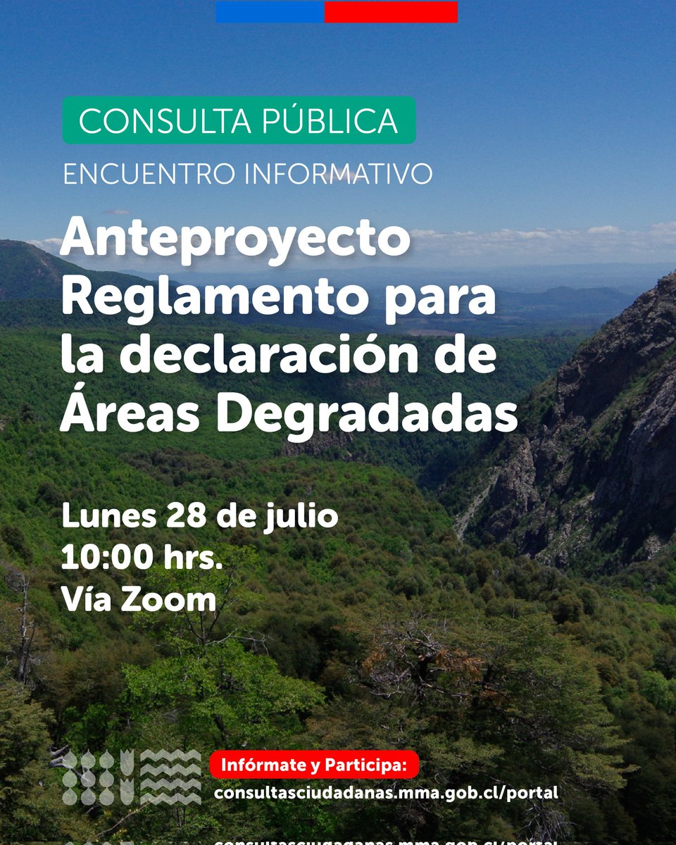 MMAChile's tweet image. ¿Quieres saber más sobre la declaración de áreas degradadas y la elaboración de planes de restauración ecológica?🌿
Inscríbete y participa en: us06web.zoom.us/webinar/regist…