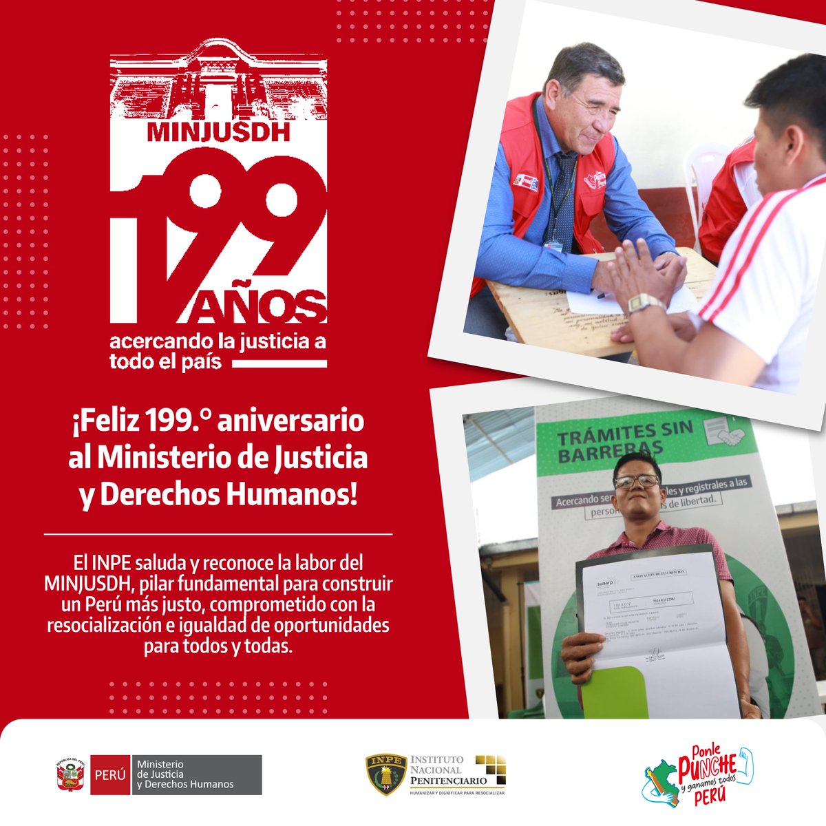 INPEgob's tweet image. 🎉 Desde el Instituto Nacional Penitenciario saludamos al @MinjusDH_Peru por sus 199 años de vida institucional. ¡Reconocemos su compromiso con la justicia, la legalidad y los derechos fundamentales que guían nuestro trabajo diario por una resocialización real y humana!⚖️🤝