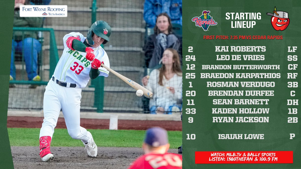 TinCaps's tweet image. Getting ready for a Friday night clash
🆚 @CRKernels (Twins Affiliate)
📍 Veterans Memorial Stadium
🕐 7:35
📻 @1380thefan & 100.9 FM | TinCaps.com/Broadcasts
📺 @Bally__Sports🆓 | MLB.TV