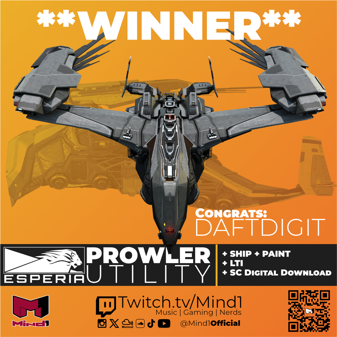 Mind1Official's tweet image. Congrats to @Daftdigit on winning the Prowler Utility. Thank you @robertsspaceind for the giveaway!!

Next one starts soon!!!

#starcitizen #streamer #giveaway