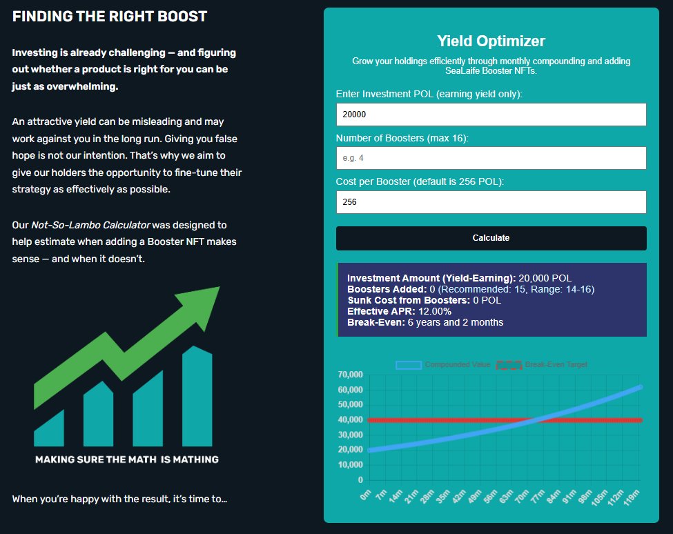 You want to know your break-even point if you do monthly compounding? 
You want to add Boosters, but don't know if it's worth it? 

We got you - check out our awesome new calculator and find out about your long-term yield machine: SeaLaife Pearl #NFT

fishandchipscrypto.com/sealaife-pearl…