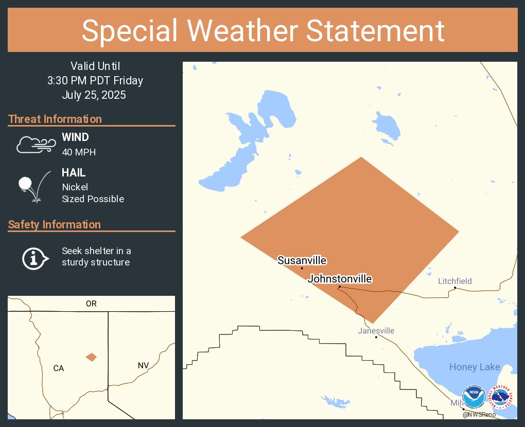 NWSReno's tweet image. A special weather statement has been issued for Susanville CA and Johnstonville CA until 3:30 PM PDT #CAwx