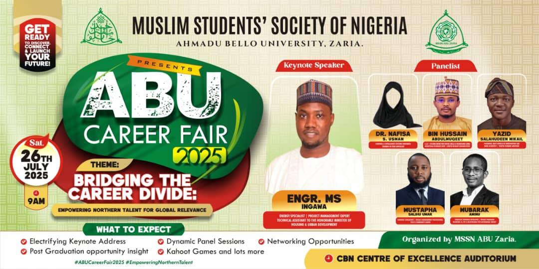 MSIngawa's tweet image. ABU Career Fair 2025 is taking place tomorrow Insha Allah. Organized by the Muslim Students Society of Nigeria (MSSN), ABU Zaria Branch, the event seeks to provide insight on bridging the gap between talent and opportunities, especially from Northern perspective.