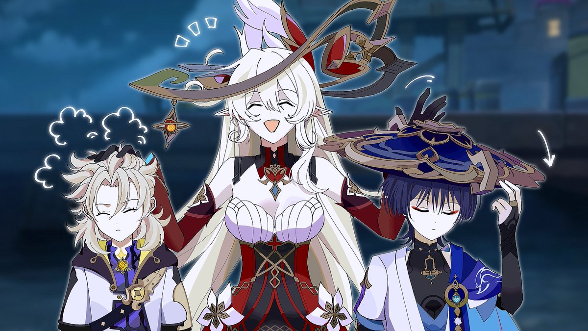 D_t3497win's tweet image. This is how I imagine they interact on the journey together.
#Alice #Wanderer #Albedo #GenshinImpact
