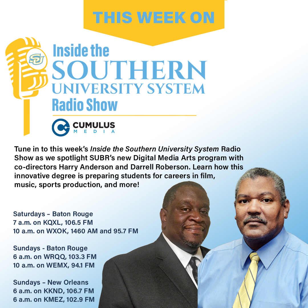 SouthernU_BR's tweet image. Hey, Jags!
This weekend on the Inside the SU System Radio Show, we're speaking with Darrell Roberson, and Harry Anderson, who are co-directors of the newly-created Digital Media Arts bachelor's program! Tune in on all #CumulusMedia stations.
#WeAreSouthern #HBCU