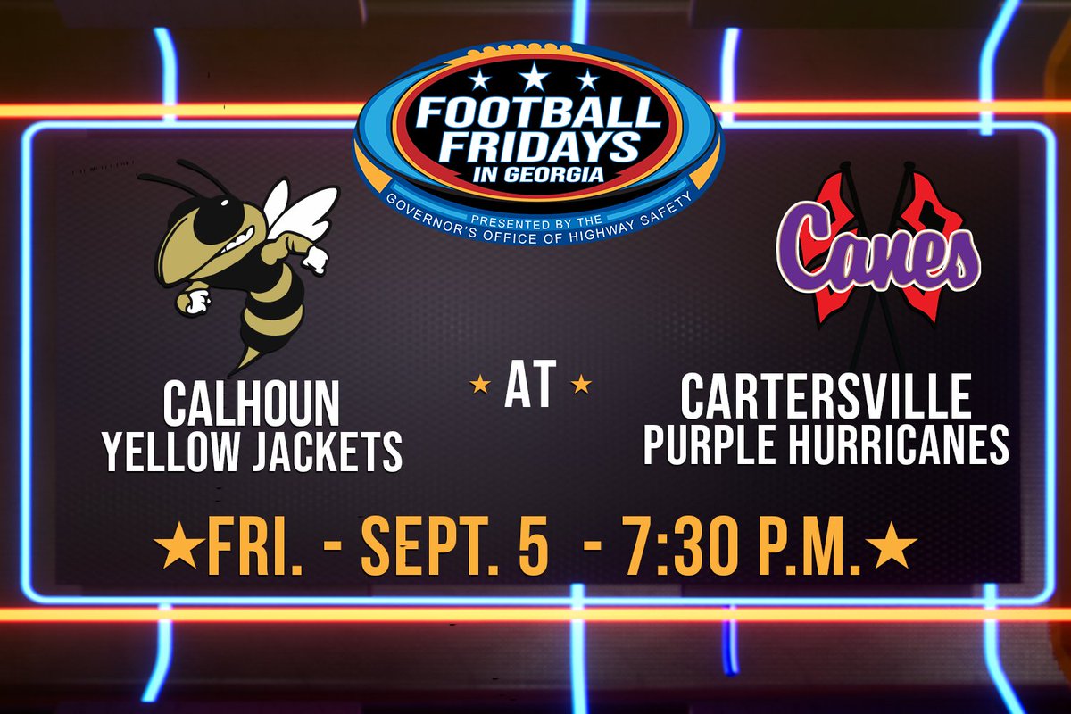 GPB Sports (@gpbsports) on Twitter photo Football Fridays in Georgia will OFFICIALLY kick off September 5. We'll be broadcasting LIVE from Cartersville, Ga., for the <a href="/CHSJacketsFB/">Calhoun Football</a> vs. <a href="/CHSHurricaneFB/">CartersvilleFootball</a> game 🏈
Don't miss the Yellow Jackets and Purple Hurricanes face off from Weinman Stadium!
See you there 🫡 Football Fridays in Georgia will OFFICIALLY kick off September 5. We'll be broadcasting LIVE from Cartersville, Ga., for the <a href="/CHSJacketsFB/">Calhoun Football</a> vs. <a href="/CHSHurricaneFB/">CartersvilleFootball</a> game 🏈
Don't miss the Yellow Jackets and Purple Hurricanes face off from Weinman Stadium!
See you there 🫡